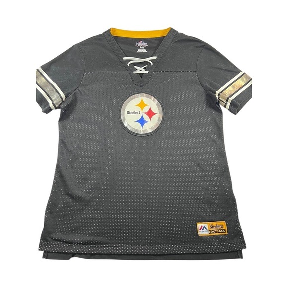 Majestic Tops - Majestic Pittsburgh Steelers Women's L Lace Up Mesh Jersey Shirt Black Gold NFL